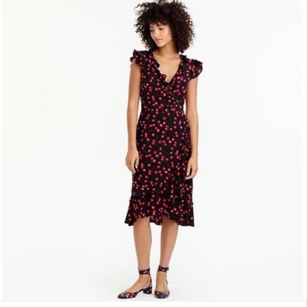 EUC! 🍒 J. Crew Cherry Print Faux Wrap Dress, Size 10